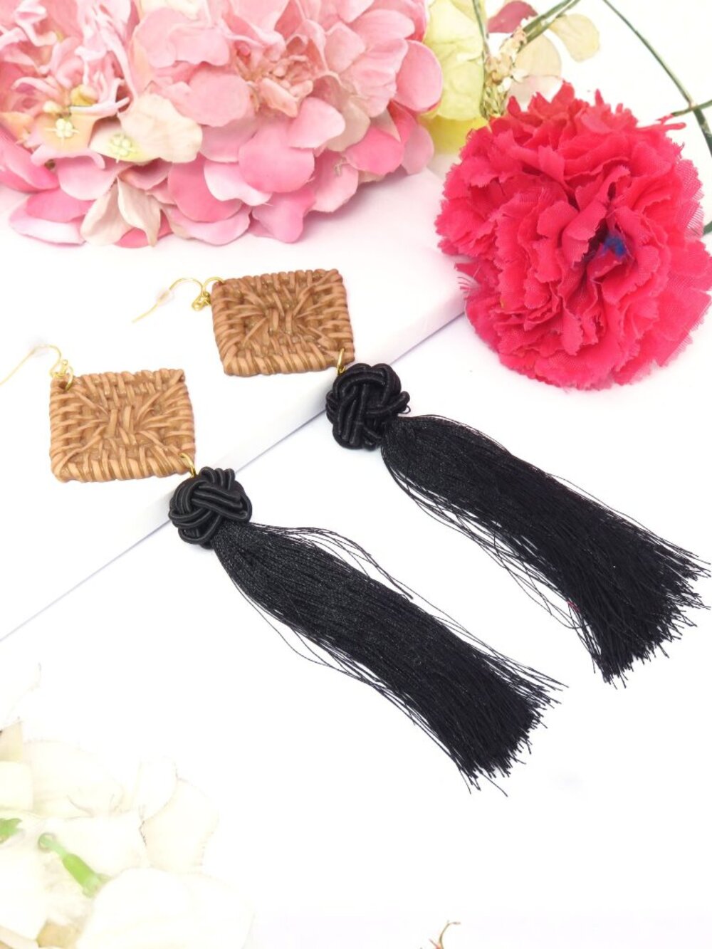Brown Square Rattan & Black Long Tassel Dangle Earrings